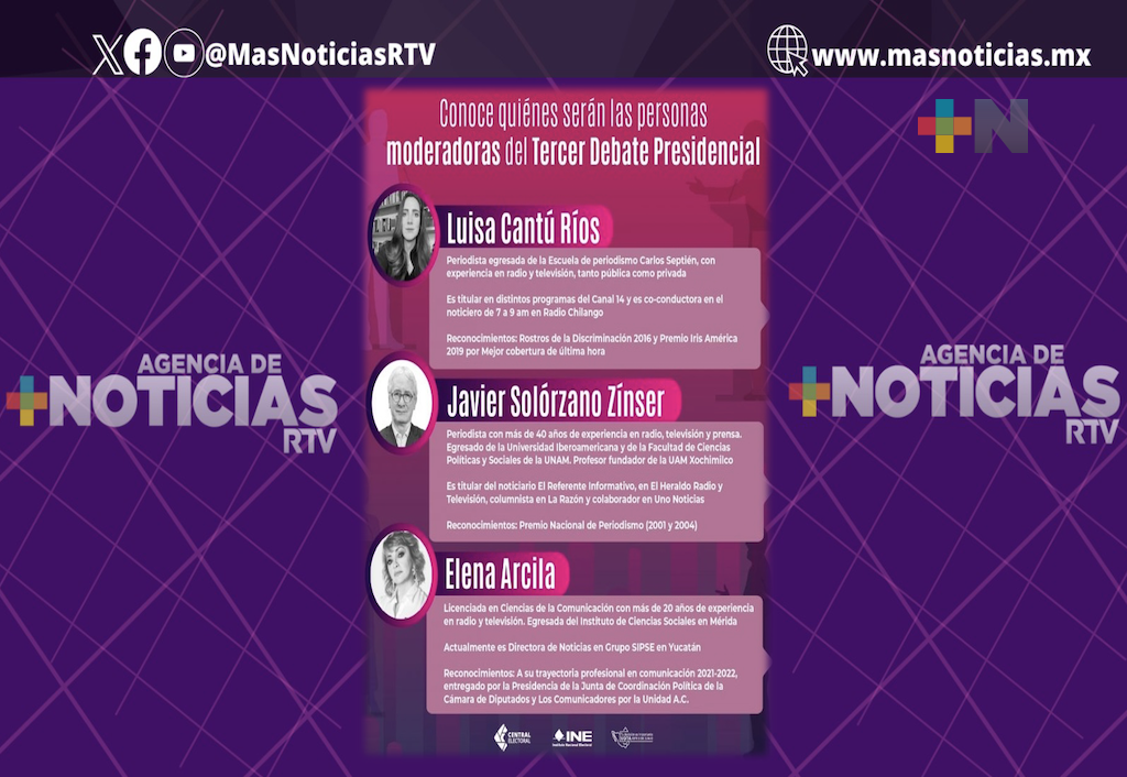 Designa INE a Luisa Cantú, Javier Solórzano y Elena Arcila como moderadores del tercer debate presidencial
